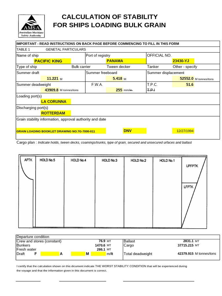 Ship Stability Calculation for Bulk Grain | PDF | Ships | Watercraft