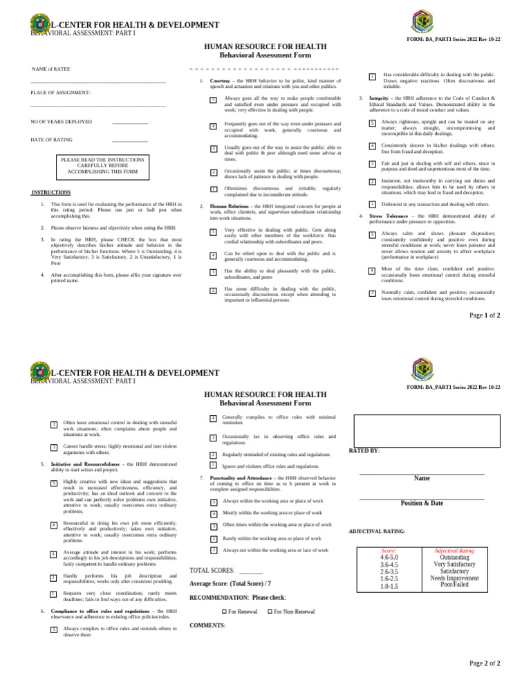 Behavioral Assessment Form for HRH | PDF | Psychological Concepts ...
