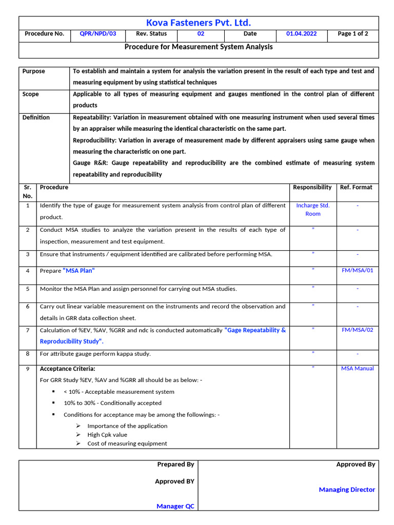 Measurement System Analysis Procedure | PDF | Measurement | Scientific ...