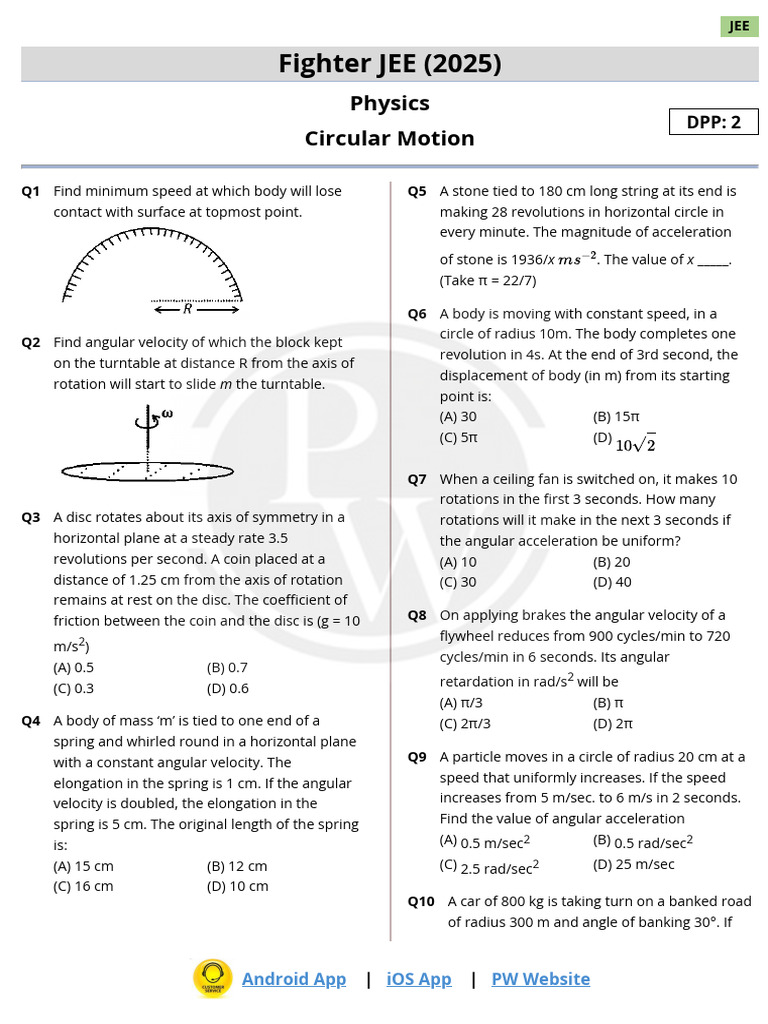 JEE 2025 Circular Motion Practice Questions | PDF | Acceleration ...