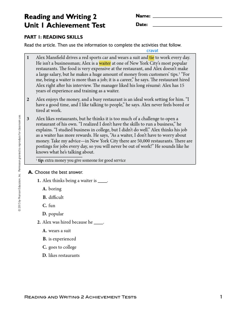 Unit 1 Achievement Test: Reading Skills | PDF | Waiting Staff