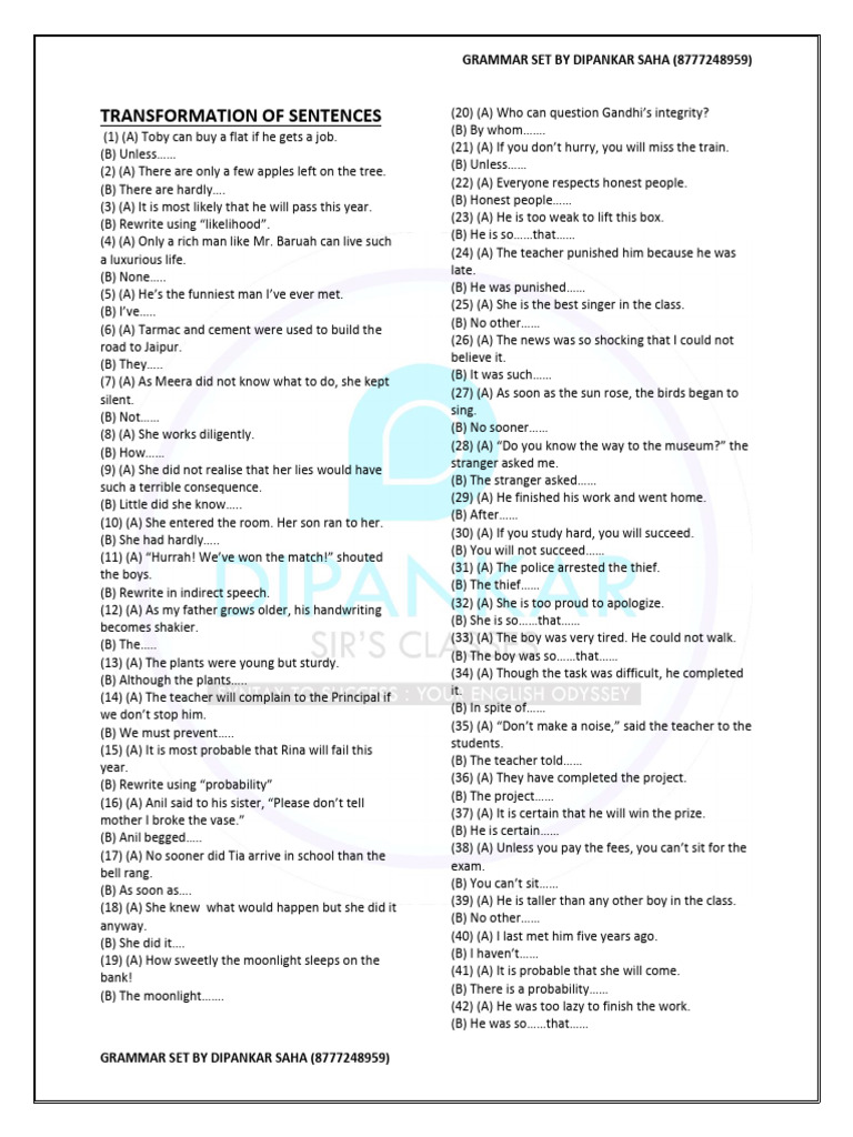Sentence Transformation Exercises | PDF