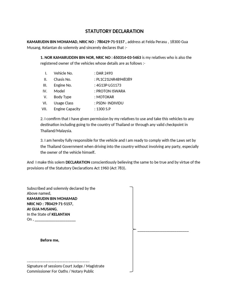 Statutory Declaration for Vehicle Use | PDF