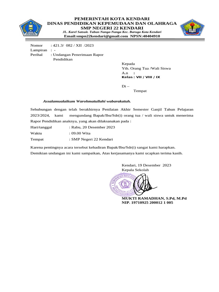 Undangan Penerimaan Rapor SMP 22 Kendari | PDF