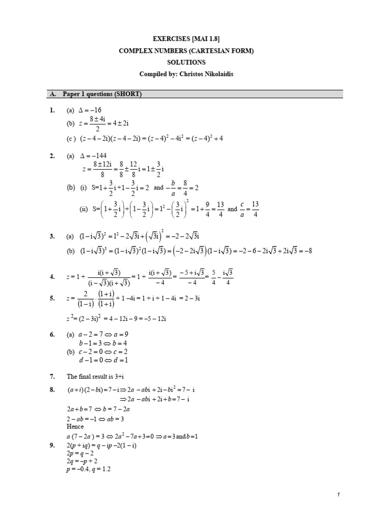 Complex Numbers Exercises Solutions | PDF | Chess Theory | Chess