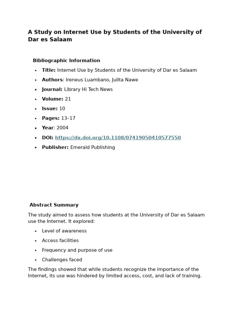Internet Use Study at University of Dar es Salaam | PDF | Survey ...