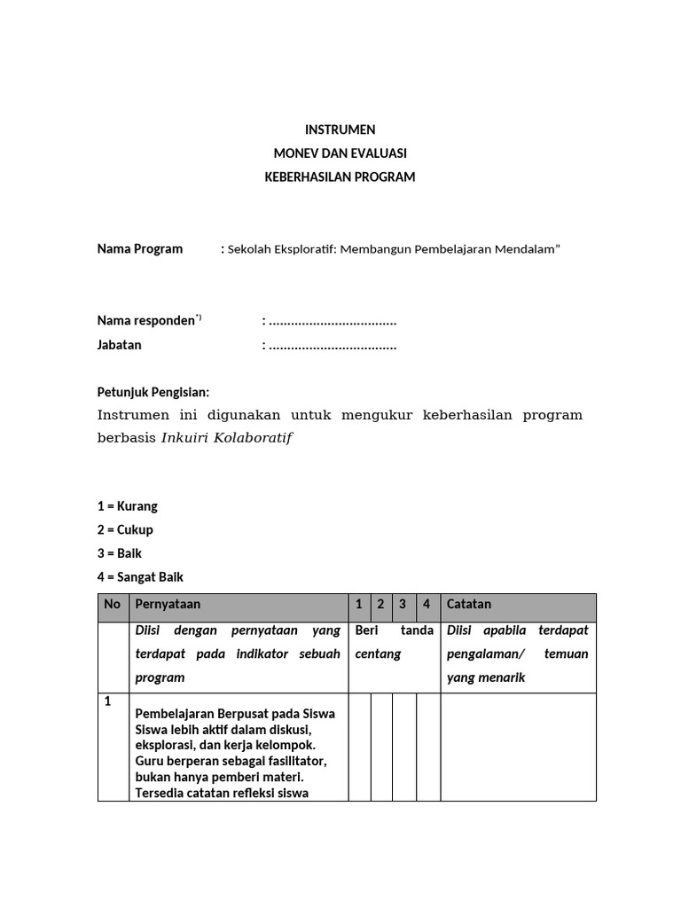 Monev Keberhasilan Program Sekolah Eksploratif | PDF