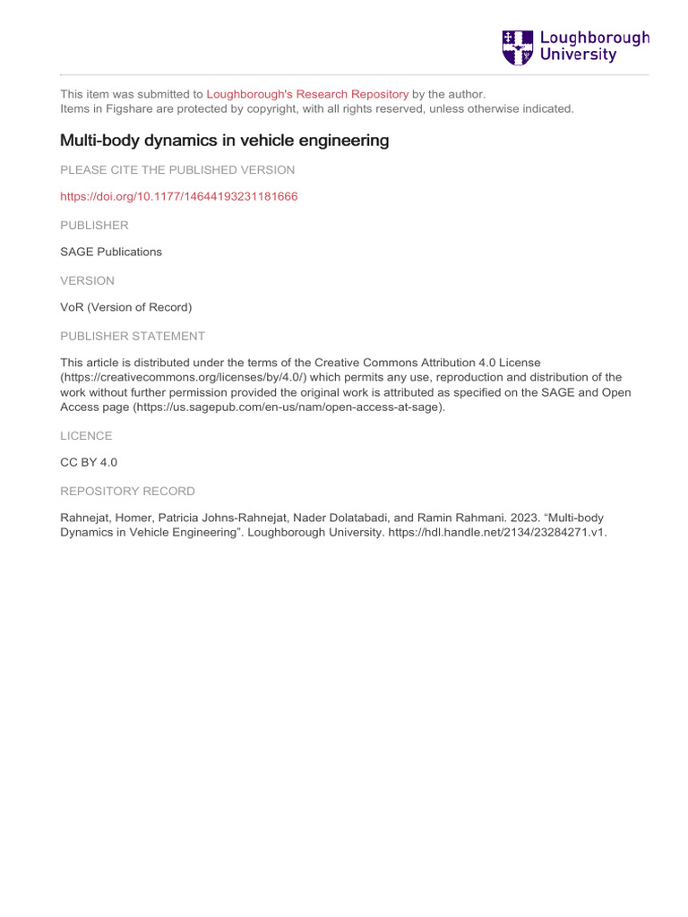 Rahnejat Et Al 2023 Multi Body Dynamics in Vehicle Engineering | PDF ...
