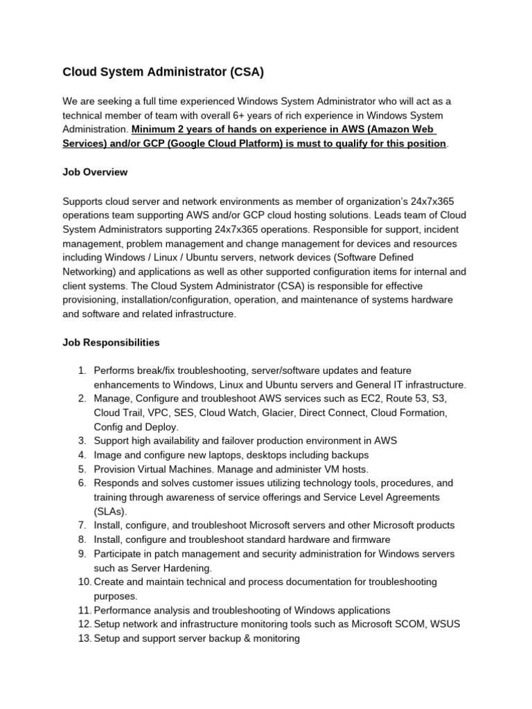 Cloud System Administrator Job Opening | PDF | Cloud Computing | Computing