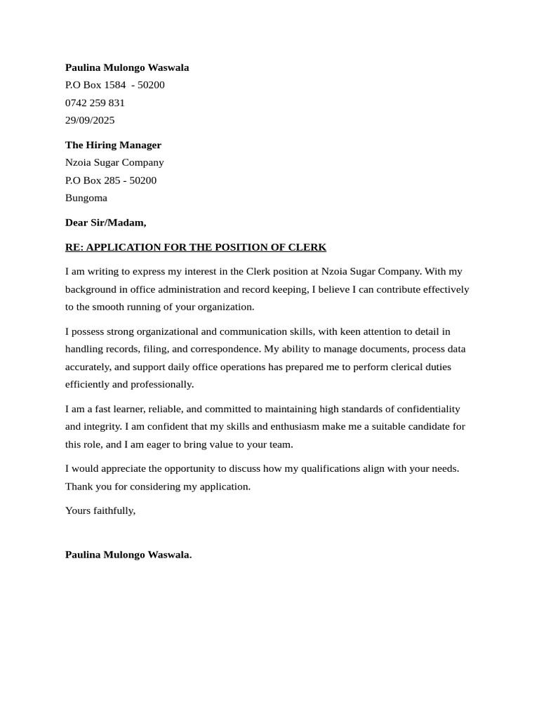 Clerk Position Application - Paulina Waswala | PDF