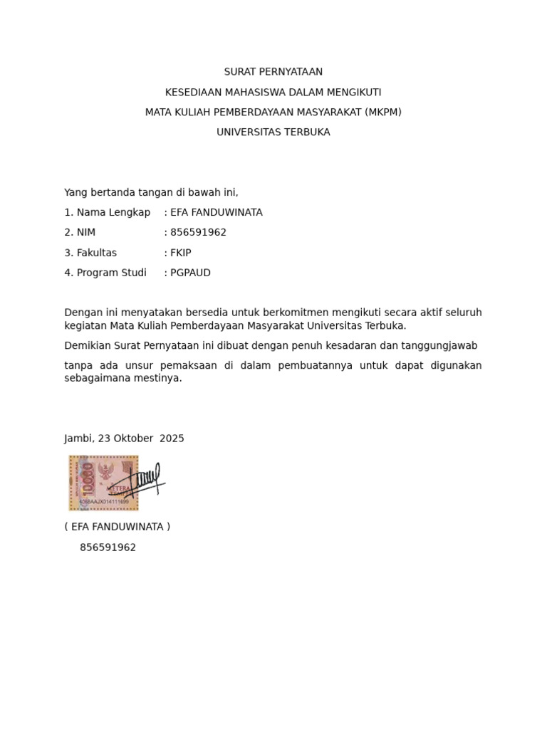 Surat Pernyataan Kesediaan MKPM UT | PDF