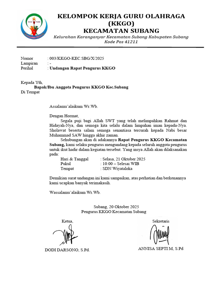 Undangan Rapat KKGO Subang 2025 | PDF