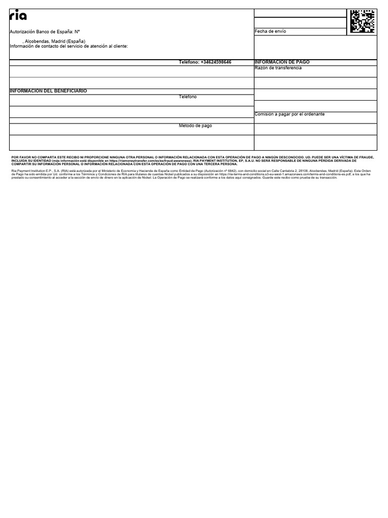 Recibo de Transferencia Ria Payment | PDF | Bancos | Dinero