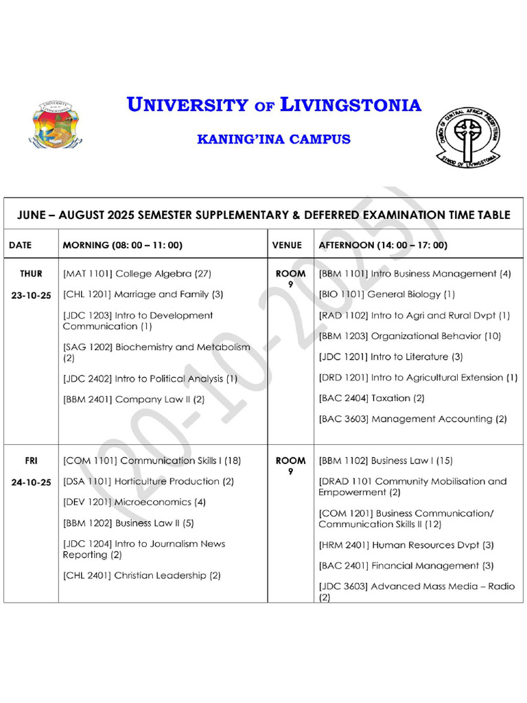2025 June - August Semester Supplementary Exam Timetable | PDF