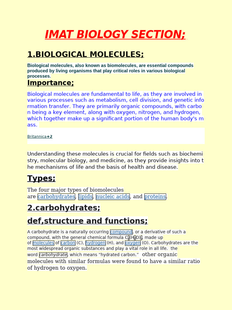 Imat Biology Section Part One Biological Molecules Part One ...