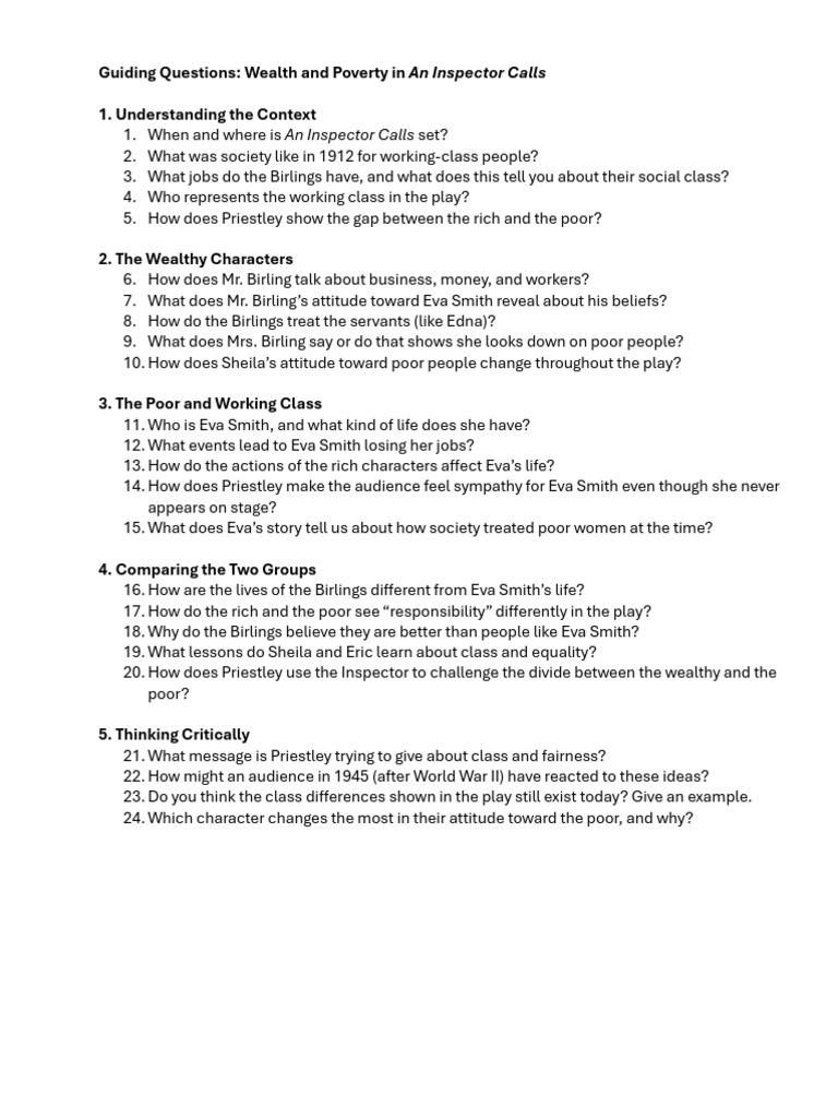 Guiding Questions - Wealthy & Poor - An Inspector Calls | PDF