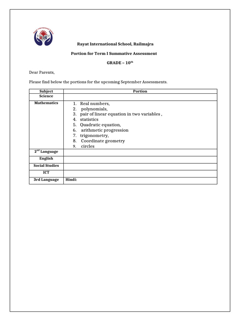 Grade 10 Term I Assessment Portions | PDF