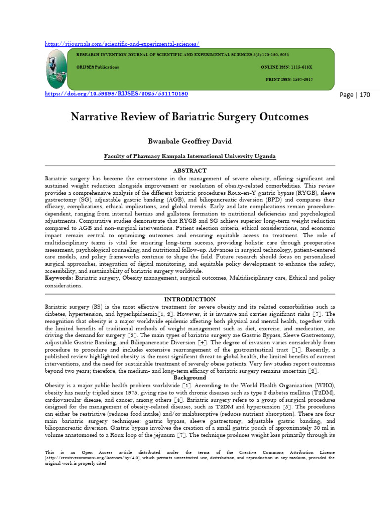 Bariatric Surgery Outcomes Review | PDF | Bariatric Surgery | Obesity