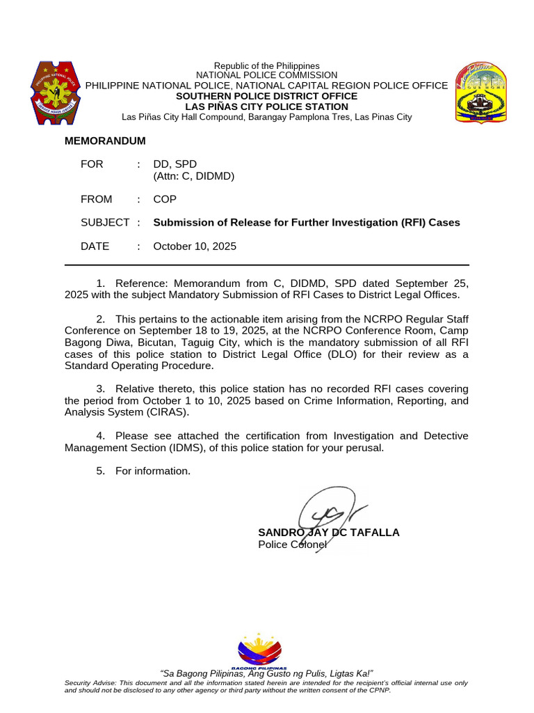 Submission of Release For Further Investigation (RFI) Cases (October 1 ...