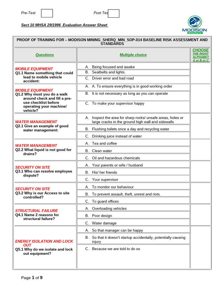 Mining Safety Evaluation Questionnaire | PDF | Housekeeping | Personal ...