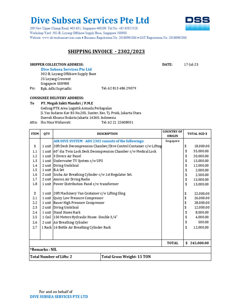 Dive Subsea Services Shipping Invoice 2023 | PDF | Underwater Diving ...
