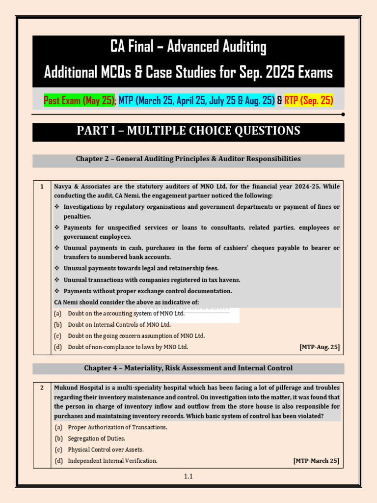 CA Final Advanced Auditing MCQs Sep 2025 | PDF | Audit | Malware