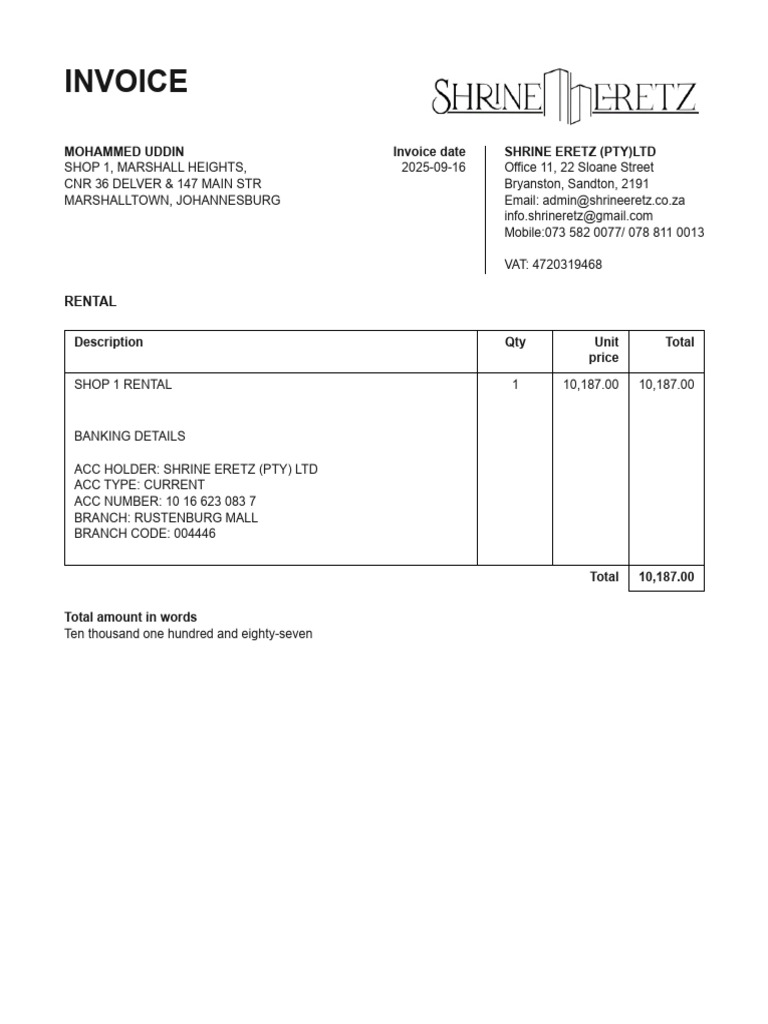 Invoice for Shop 1 Rental Payment | PDF