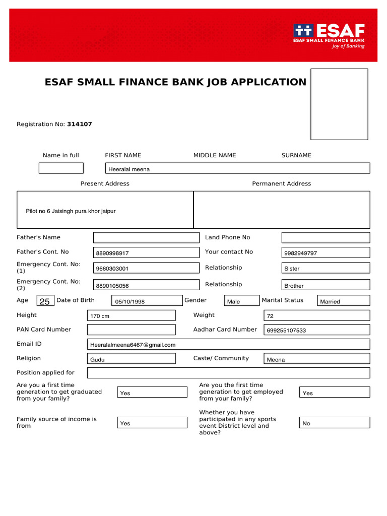 ESAF Small Finance Bank Job Application | PDF