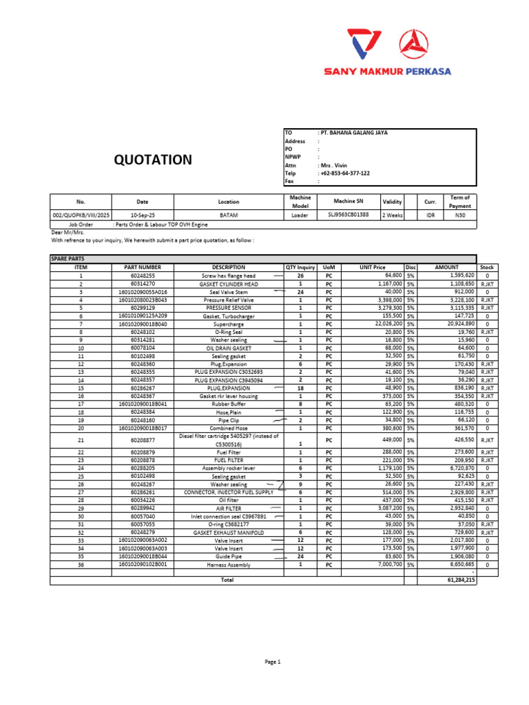 Spare Parts Quotation for Loader | PDF | Fuel Injection | Engine Technology