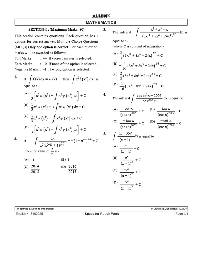 Mathematics MCQs on Integration | PDF | Mathematical Analysis | Mathematics