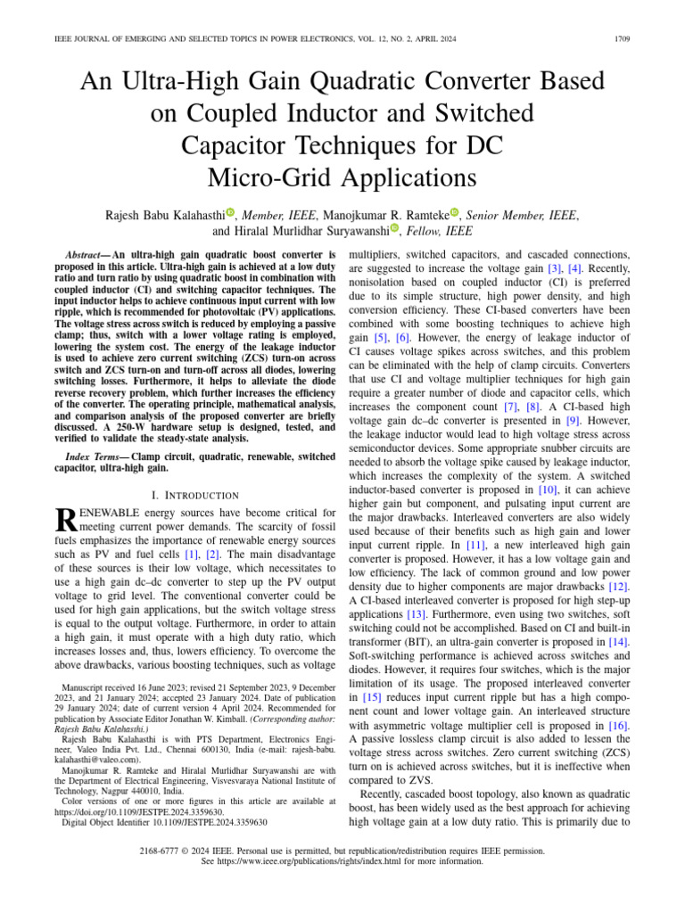 Ultra-High Gain Quadratic Converter for DC Micro-Grids | PDF | Inductor ...