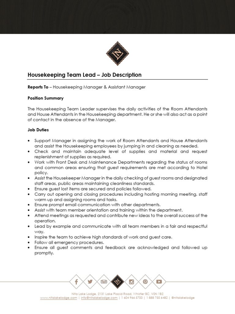 Housekeeping Team Leader Job Overview | PDF | Housekeeping | Skill