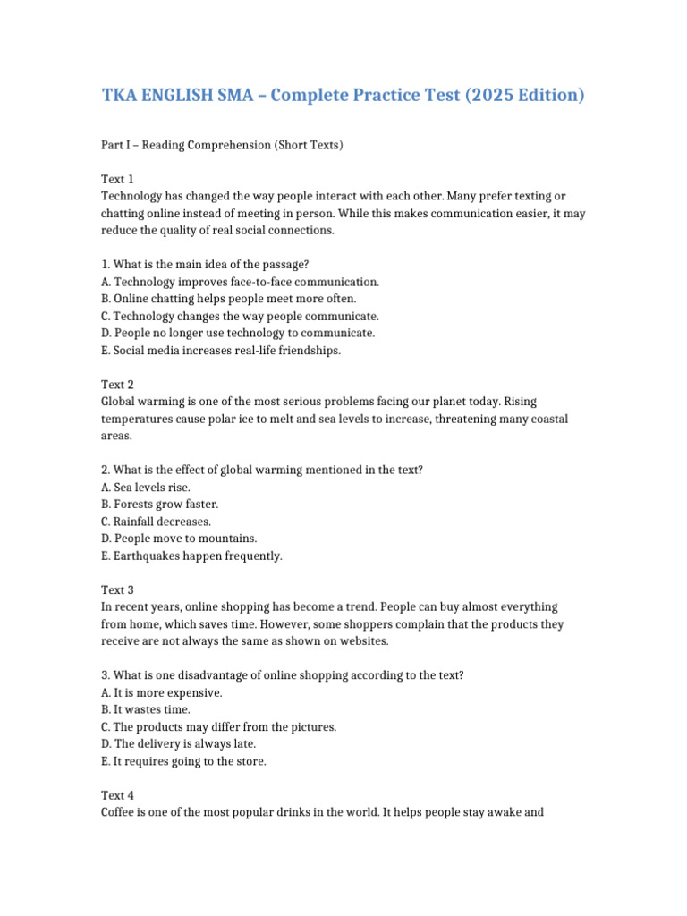 TKA English SMA Practice Test 2025 | PDF