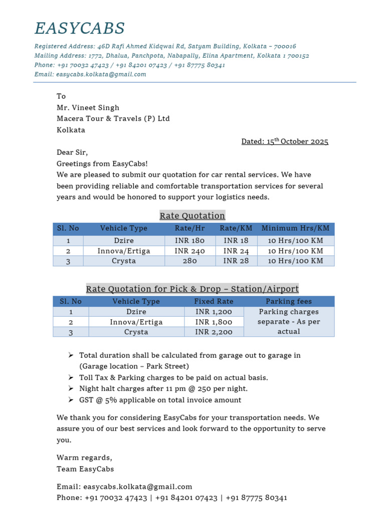 Easycabs Quotation - 1 | PDF