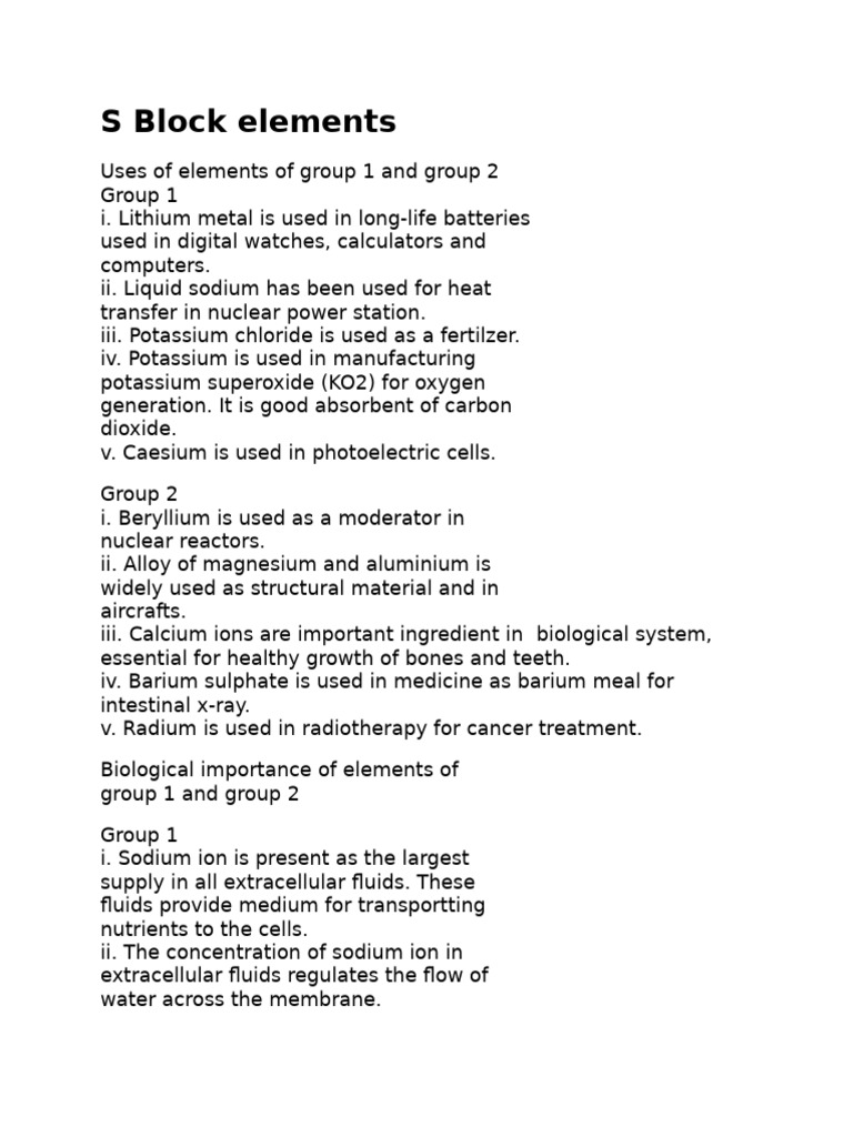 Uses and Importance of S Block Elements | PDF