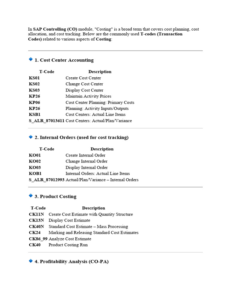 Essential SAP CO T-Codes for Costing | PDF