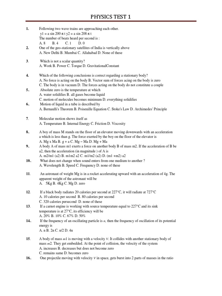 Physics Test Questions and Answers | PDF | Force | Mass