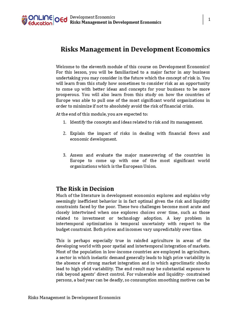 Risk Management in Development Economics | PDF | Economics ...