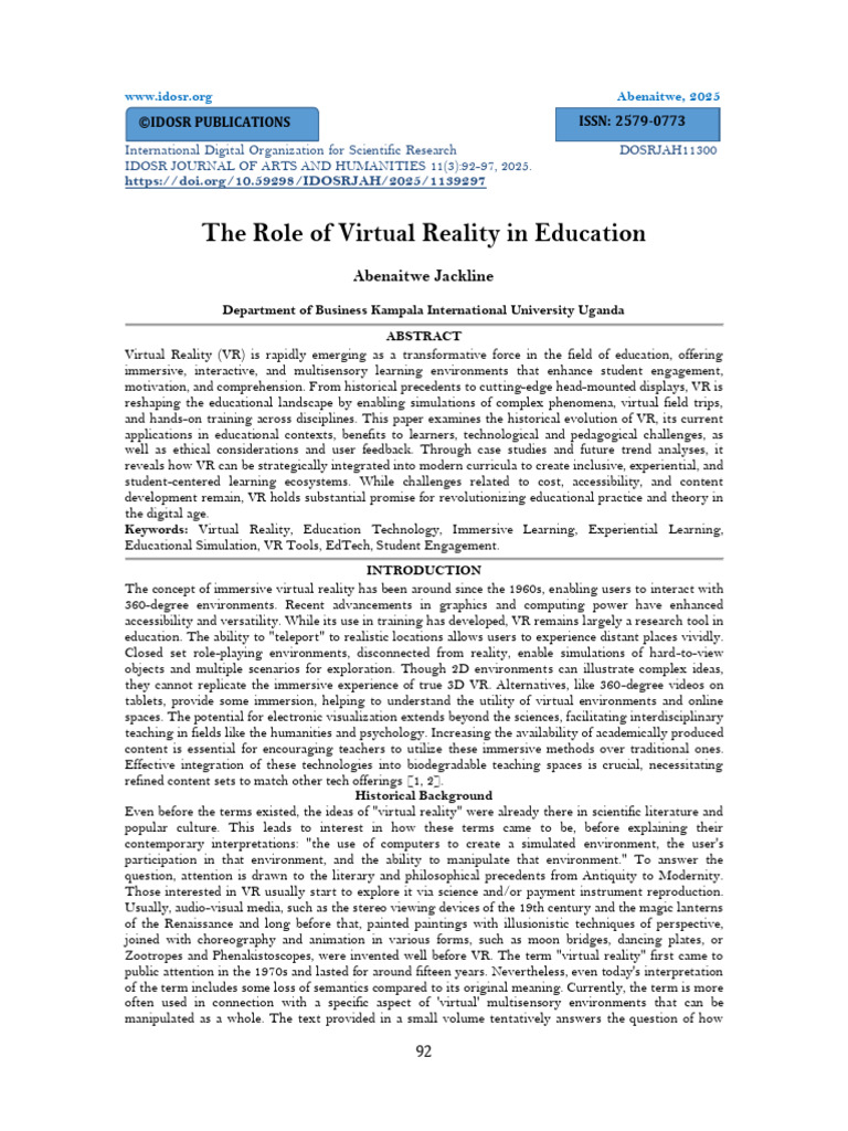 The Role of Virtual Reality in Education (WWW - Kiu.ac - Ug | PDF ...