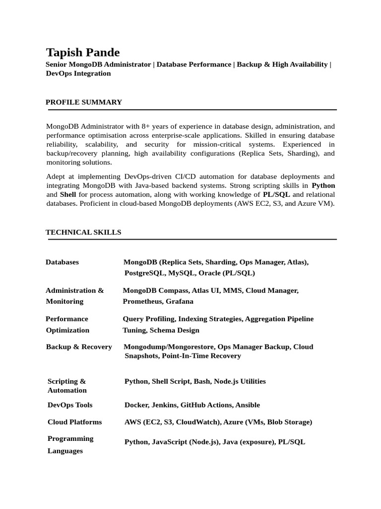 Senior MongoDB Administrator Profile | PDF | Mongo Db | Databases