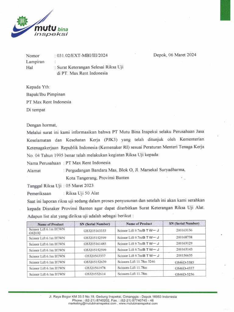 031.02. Surat Keterangan Dalam Proses Scissor Lift PT Max Rent ...