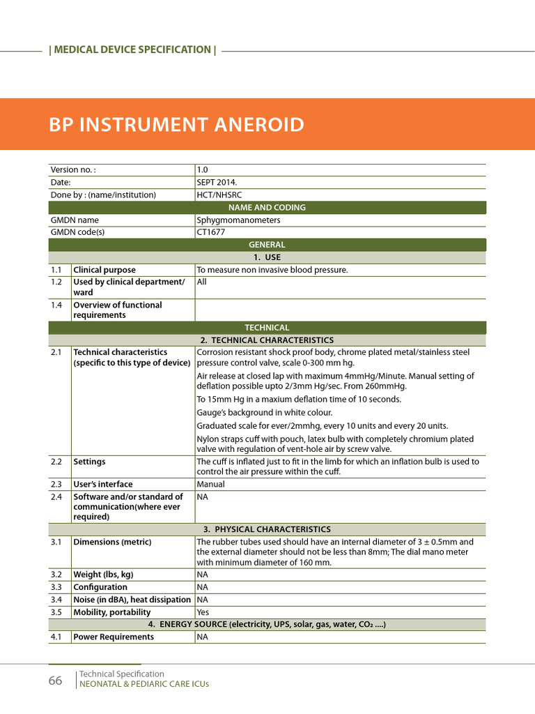 Neonatal Pediatric BP Instrument Specs | PDF