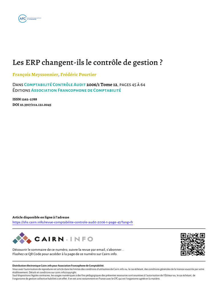 Impact des ERP sur le contrôle de gestion | PDF | Progiciel de gestion ...