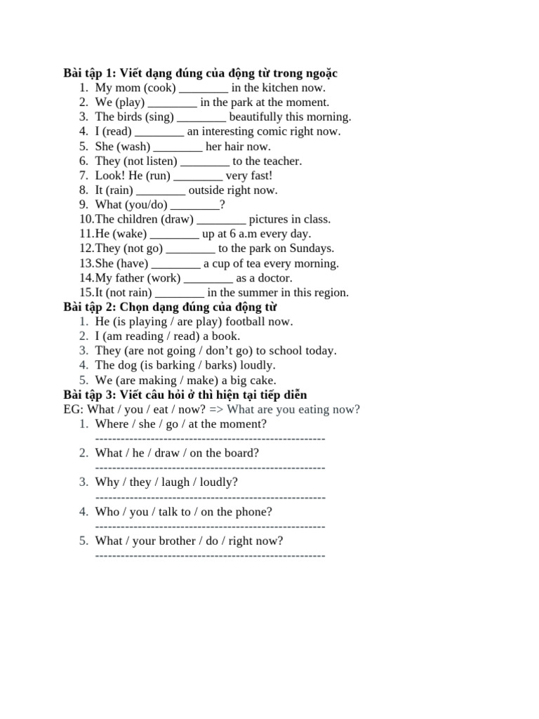 Present Continuous Verb Exercises | PDF