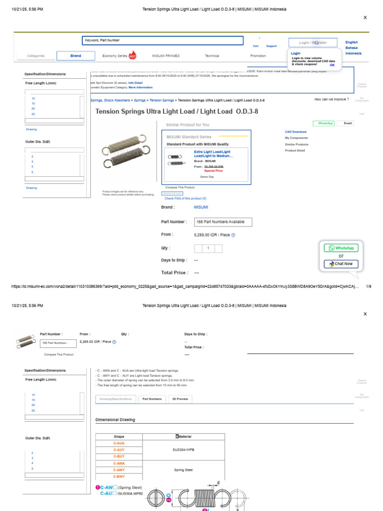 Tension Springs Ultra Light Load - Light Load O.D.3-8 - MISUMI - MISUMI ...