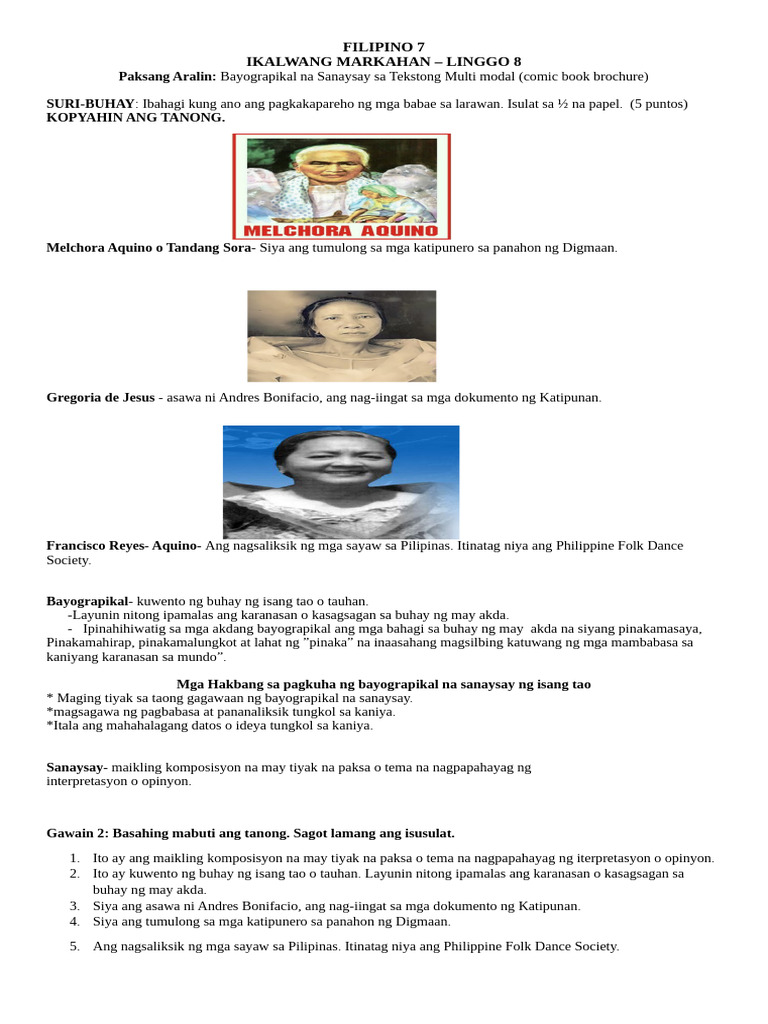 Quarter 2 Week 8 Filipino Asynchronous Class Day 1-10-13 25 | PDF