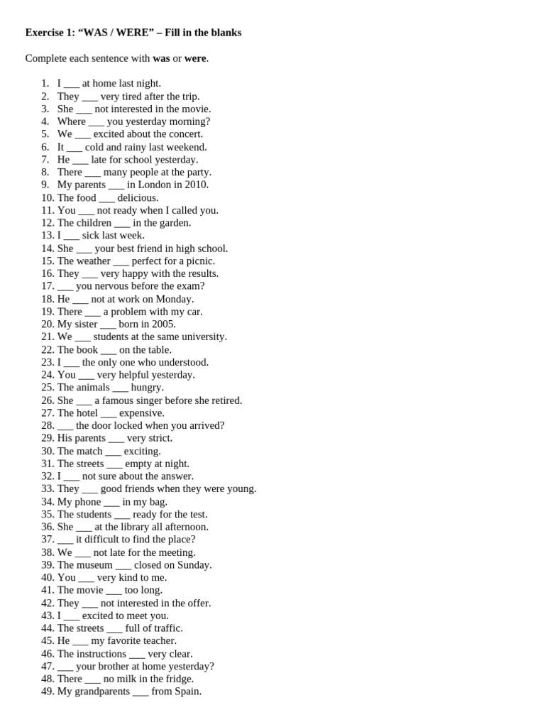 Fill in the Blanks: WAS/WERE & Past Simple | PDF
