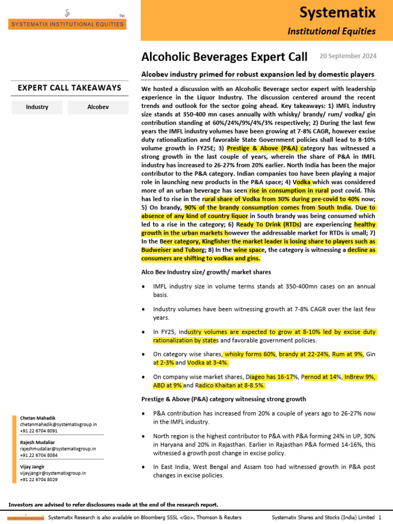 Alco Beverage - Expert Call 20-09-24 | PDF | Alcoholic Beverages | Drink