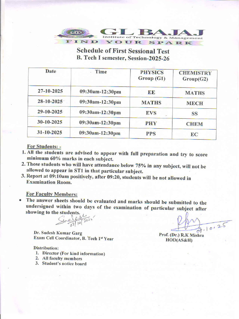 Schedule of First Sessional Test Odd Sem 2025-26 | PDF