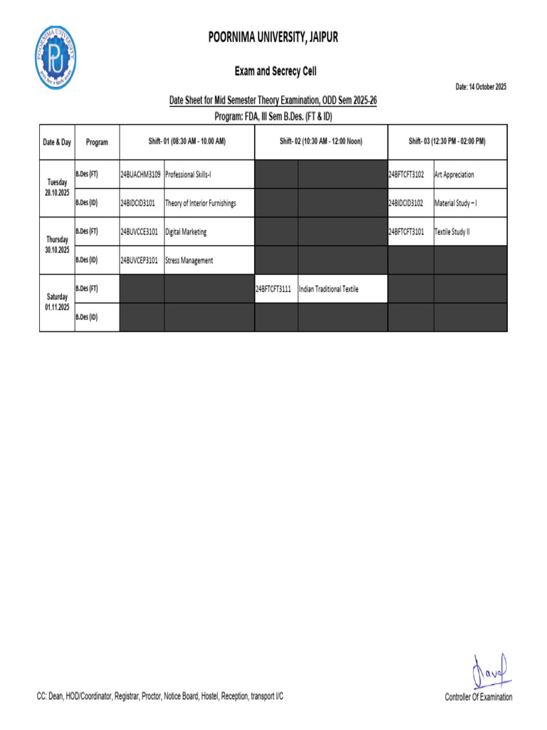 Poornima University Mid Semester Exam Schedule | PDF | The Arts ...